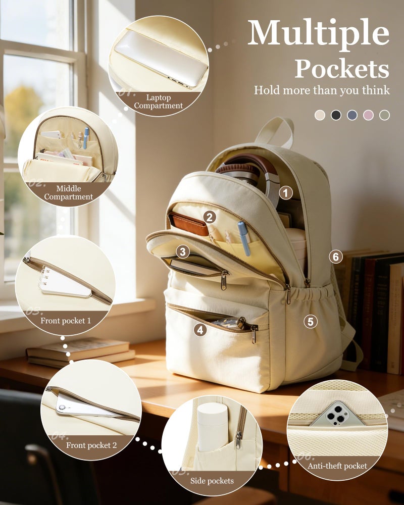 WEPOET Lightweight School Backpack for Women Men, Multi Pocket Backpack for College Students, Waterproof Middle School Bags, Simple Bookbag for Teens Girls Boys, Beige - Image 3