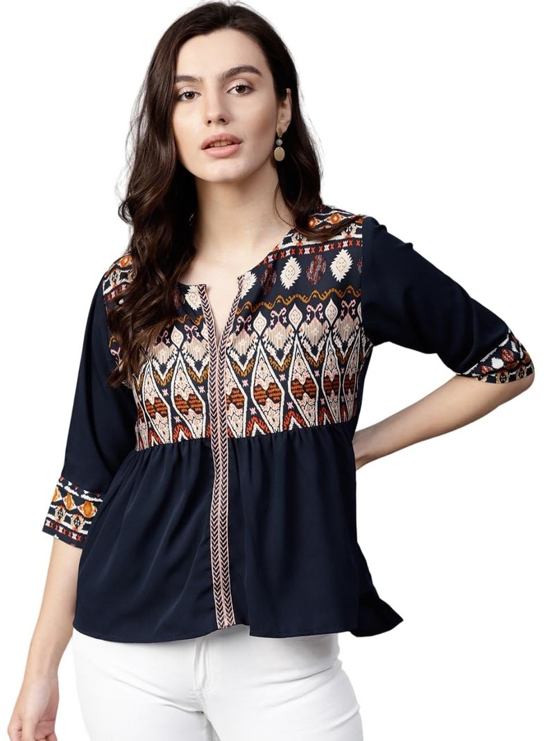 Pannkh Women's Printed Yoke Top Cotton Blend Ethnic Blouse for Daily & Casual Wear Stylish Yoke Design with Comfortable Fit - Image 1
