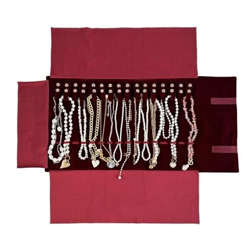 UnionPlus Velvet Travel Jewelry Roll Bag Organizer for Necklace, Elastic Band and Anti-winding, Burgundy - Image 1