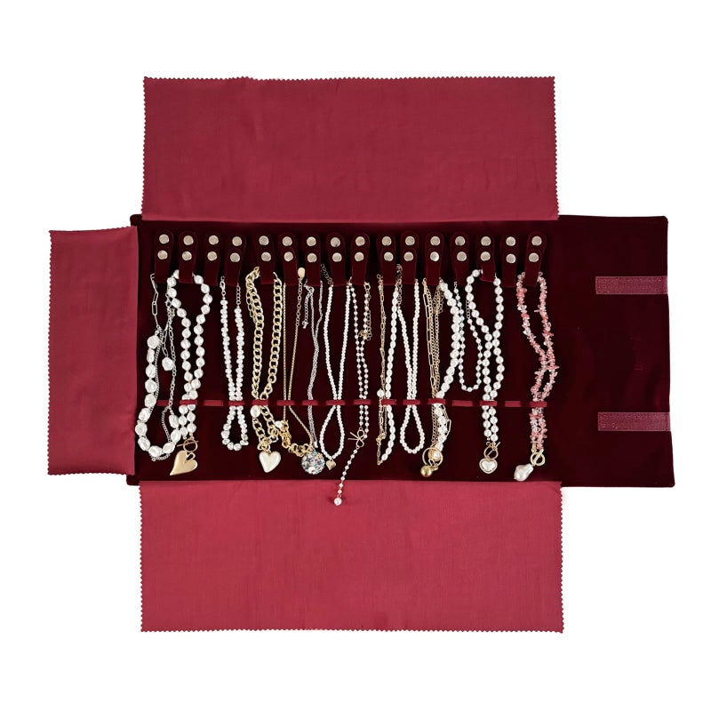 UnionPlus Velvet Travel Jewelry Roll Bag Organizer for Necklace, Elastic Band and Anti-winding, Burgundy - Image 5