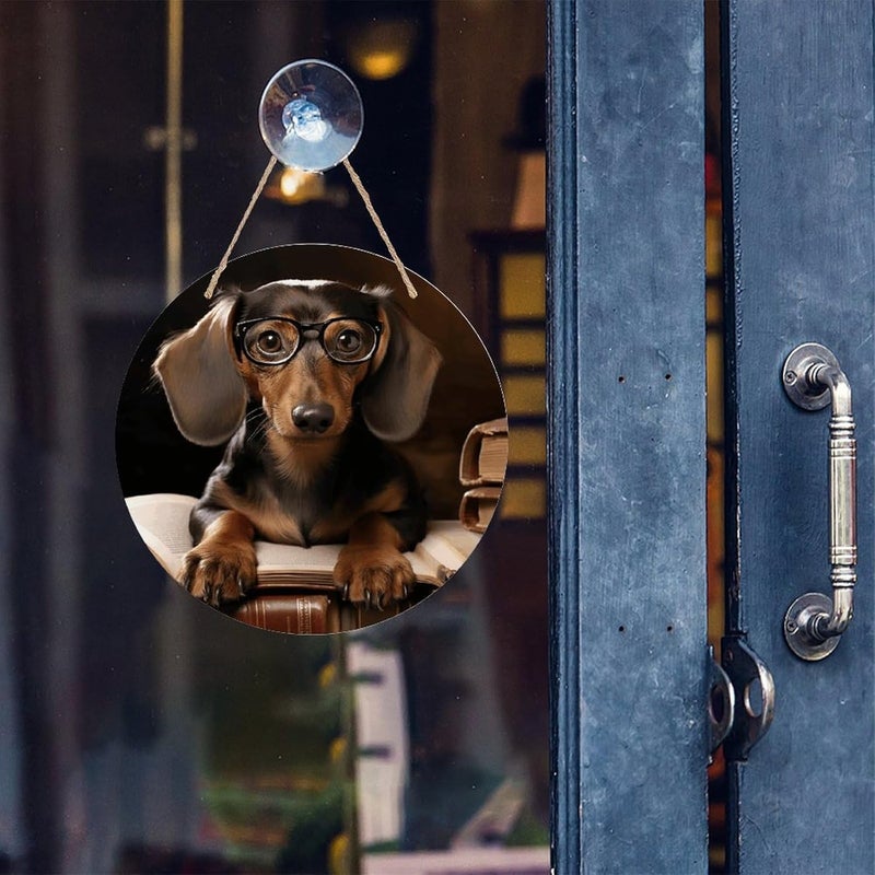 FekiLoot Dachshund Book Welcome Sign Wall Decor Round Wood Hanging Sign Decoration Farmhouse Wall Signs Wall Plaque Funny Welcome Decor Door Hanger for Home Front Door Porch Office - Image 4