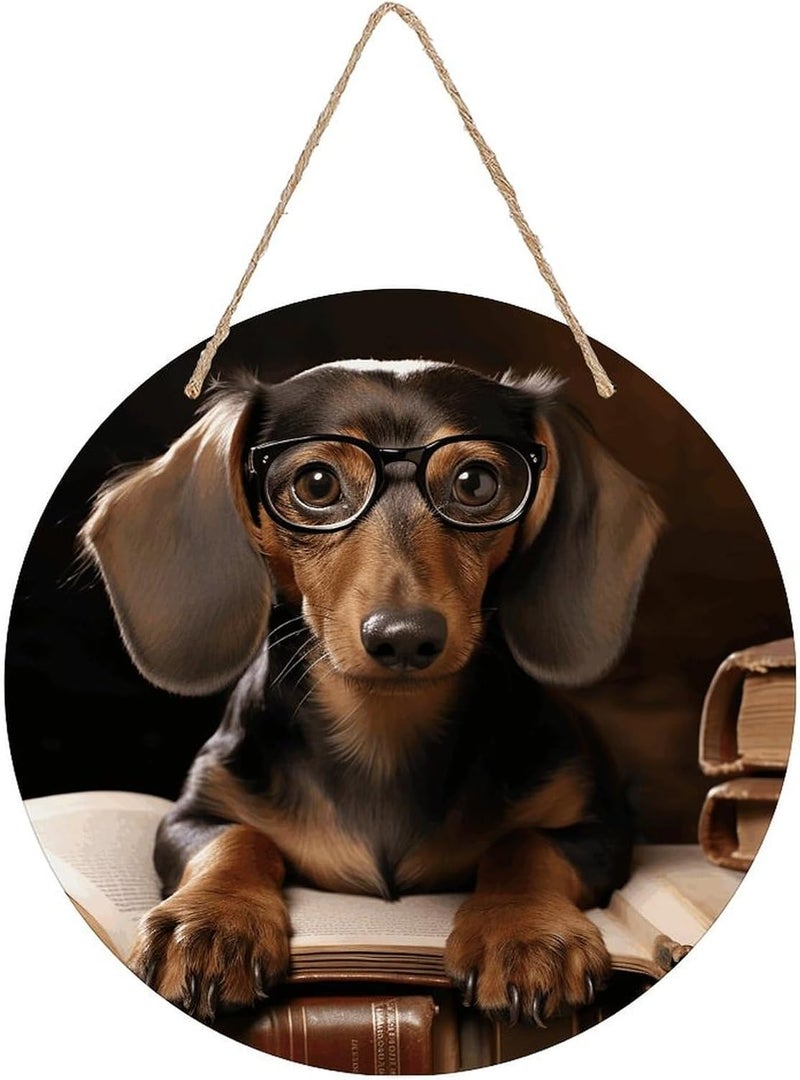 FekiLoot Dachshund Book Welcome Sign Wall Decor Round Wood Hanging Sign Decoration Farmhouse Wall Signs Wall Plaque Funny Welcome Decor Door Hanger for Home Front Door Porch Office - Image 1