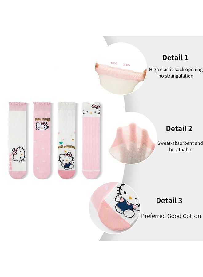 Hello Kitty Girls Knee High Socks, 4 Pairs Cute Cartoon Compression Sock, Comfy Breathable Long Cotton Stocking, Kids Youth Soccer Socks, Warm Mid Calf Boot Sock, Kids Crazy Fun Gift, Pink  - Image 4