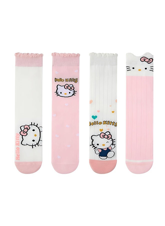 Hello Kitty Girls Knee High Socks, 4 Pairs Cute Cartoon Compression Sock, Comfy Breathable Long Cotton Stocking, Kids Youth Soccer Socks, Warm Mid Calf Boot Sock, Kids Crazy Fun Gift, Pink  - Image 1