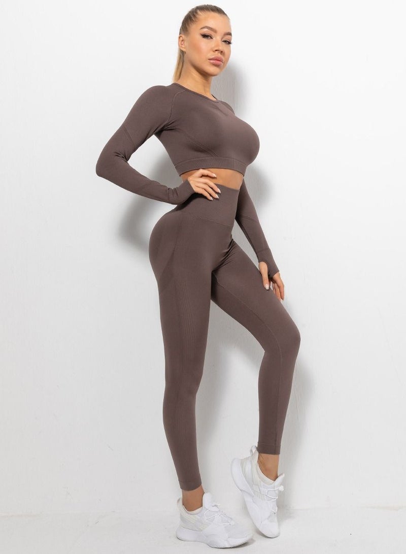 Loquat High Waist Tight-Fitting Sports Set Brown  - Image 1