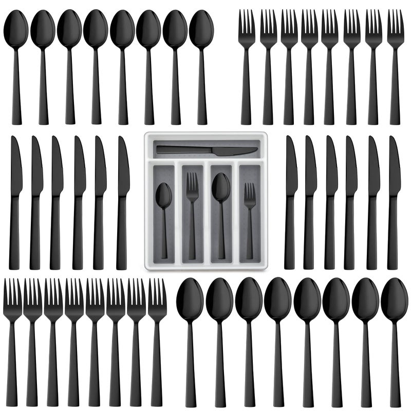 LIANYU 60Piece Black Silverware Set with Organizer Tray Stainless Steel Square Flatware Cutlery Set for 12 Black Eating Utensils for Home Restaurant Dishwasher Safe Mirror Finished