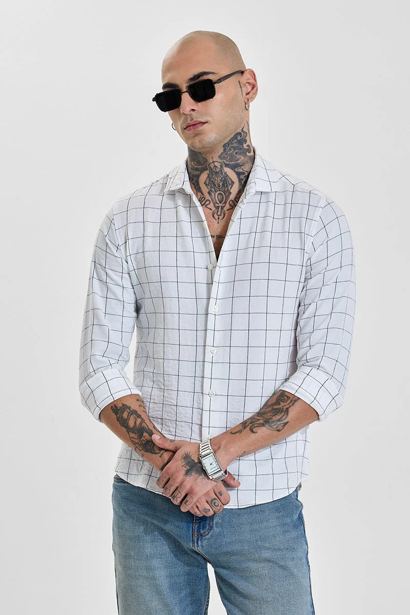 SNITCH Bright White Checkered Long Sleeve Slim Fit Shirt