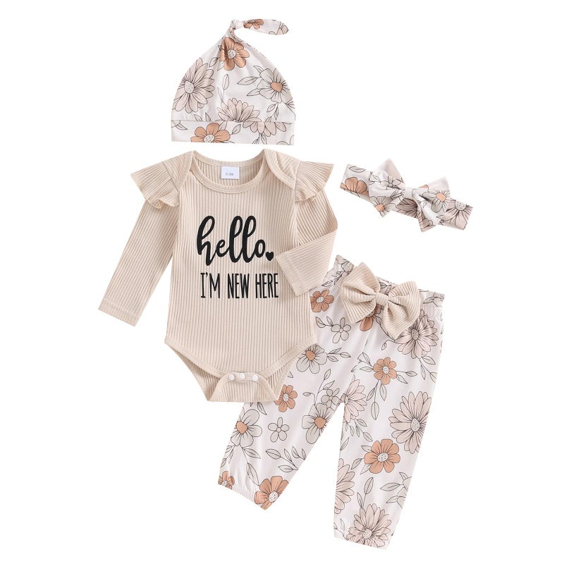 wybzd Im New Here Newborn Outfit Girl Boy Coming Home Clothes Ribbed Long Sleeve Romper Top Floral Pants Set 4pcs (Khaki New Here, 0-3 Months) - Image 1