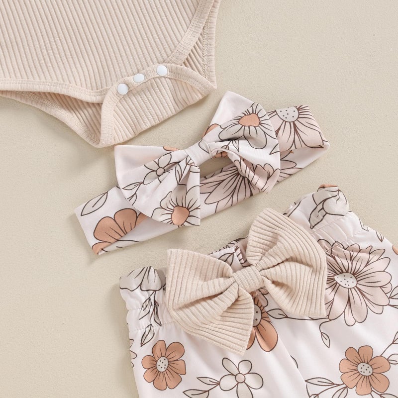 wybzd Im New Here Newborn Outfit Girl Boy Coming Home Clothes Ribbed Long Sleeve Romper Top Floral Pants Set 4pcs (Khaki New Here, 0-3 Months) - Image 4