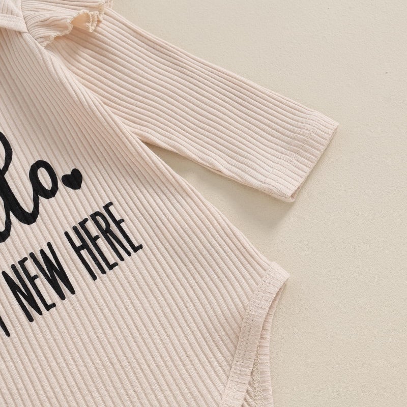 wybzd Im New Here Newborn Outfit Girl Boy Coming Home Clothes Ribbed Long Sleeve Romper Top Floral Pants Set 4pcs (Khaki New Here, 0-3 Months) - Image 3