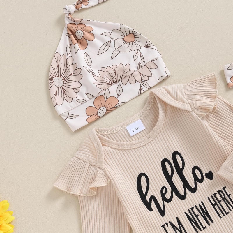 wybzd Im New Here Newborn Outfit Girl Boy Coming Home Clothes Ribbed Long Sleeve Romper Top Floral Pants Set 4pcs (Khaki New Here, 0-3 Months) - Image 2