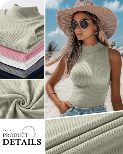 Xaatren 3 Pack Womens Sleeveless Mock Turtlenecks Shirts Ribbed Stretch Slim Fitted Tank Top Basic Lightweight Bustier TeeBlack Gray Green Smoky PinkSmall - Image 3
