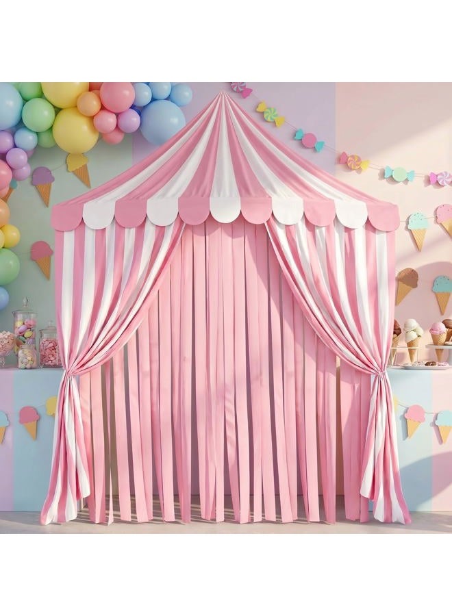 Breling 4-piece Carnival Circus Decor Backdrop Circus Tent with Canopy Polyester Carnival Pink Striped Curtains Sweet Pastel Ice Cream Theme for Birthday Party Photography Backgrounds (Pink White) - Image 1