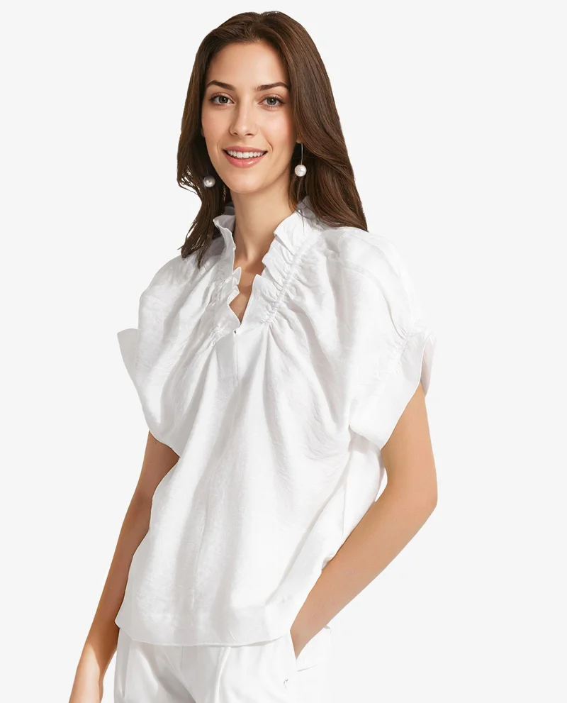 Rareism Women's Extended Sleeves V-Neck Plain Top