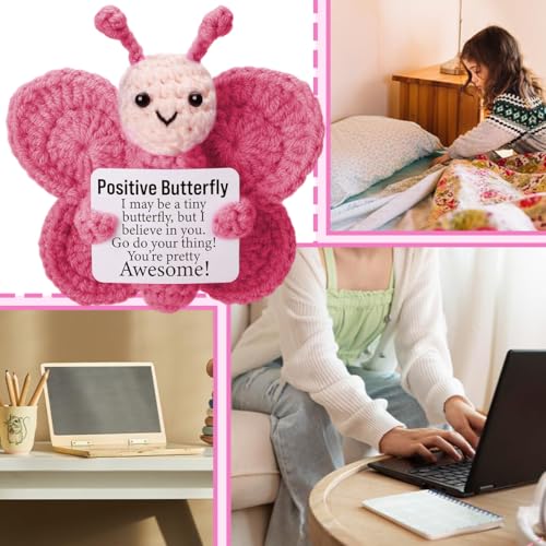 PATPAT® Handmade Mini Crochet Pink Butterfly Desk Decor with Positive Message Card Cute Decorative Ornament for Home, Office, or Personal Motivation, Emotional Support Companion - Image 4