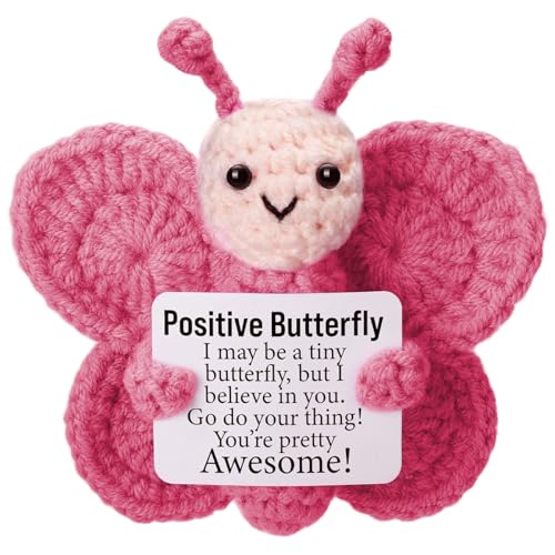 PATPAT® Handmade Mini Crochet Pink Butterfly Desk Decor with Positive Message Card Cute Decorative Ornament for Home, Office, or Personal Motivation, Emotional Support Companion - Image 1