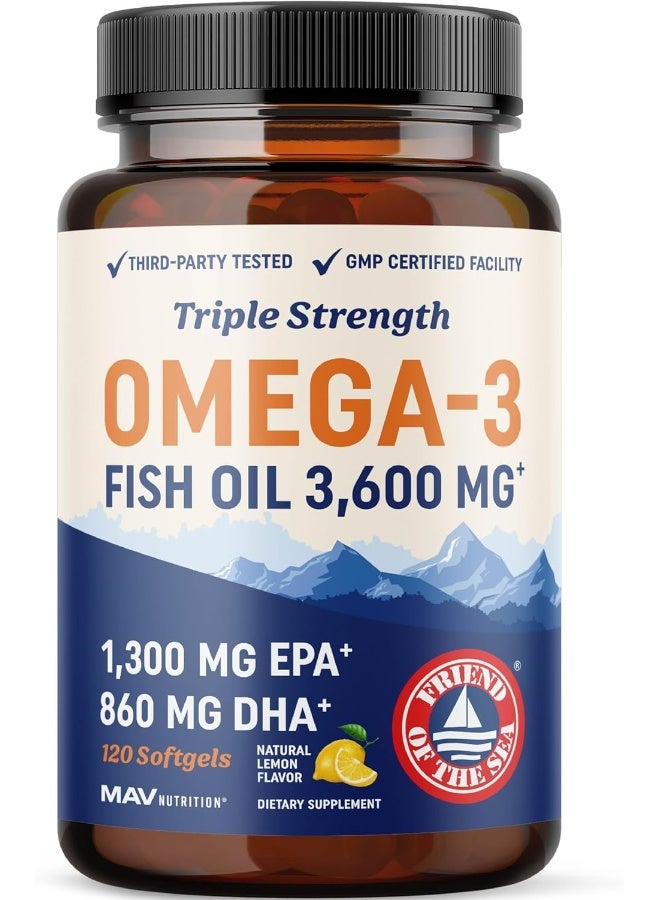 MAV Nutrition Premium Fish Oil Omega 3 - Max Potency - 3,600mg + 1,296mg EPA + 864mg DHA + Immune Support + Heart & Brain Health + Joint & Skin Support + Burpless + Natural Lemon Flavor, 120 Capsules per Serving  - Image 1
