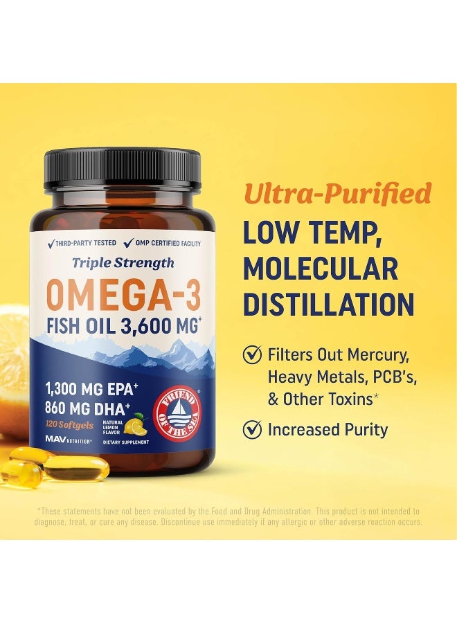 MAV Nutrition Premium Fish Oil Omega 3 - Max Potency - 3,600mg + 1,296mg EPA + 864mg DHA + Immune Support + Heart & Brain Health + Joint & Skin Support + Burpless + Natural Lemon Flavor, 120 Capsules per Serving  - Image 5