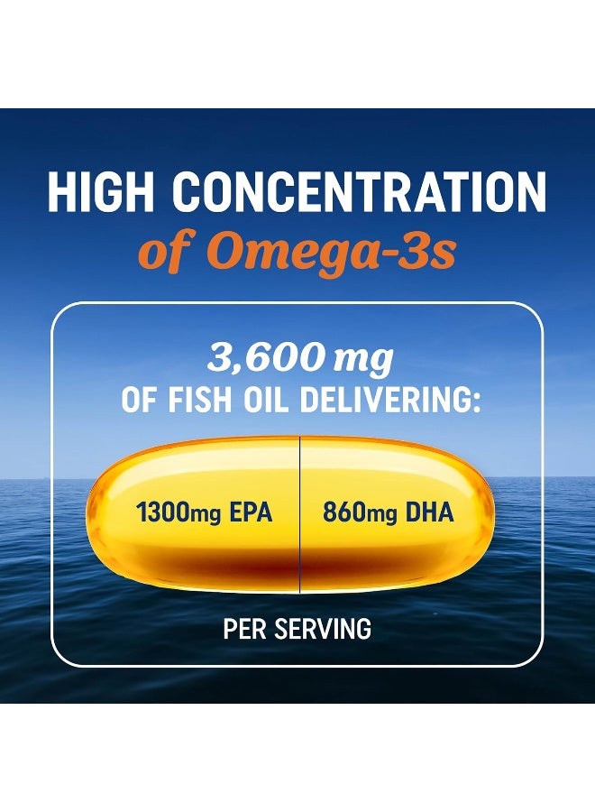 MAV Nutrition Premium Fish Oil Omega 3 - Max Potency - 3,600mg + 1,296mg EPA + 864mg DHA + Immune Support + Heart & Brain Health + Joint & Skin Support + Burpless + Natural Lemon Flavor, 120 Capsules per Serving  - Image 2