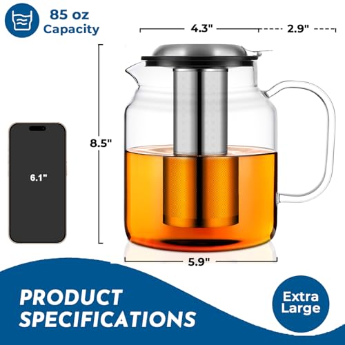 Aquach 85oz Glass Teapot with Stainless Steel Removable Infuser, Stovetop & Dishwasher Safe, Ideal for Brewing Loose Leaf & Blooming Tea - Image 3
