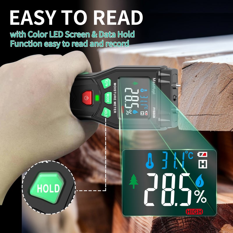 Wood Moisture Meter, Pin-Type Moisture Tester with Visual Indicators for Firewood, Lumber, Building Materials, Concrete Floors, Drywall - Image 5