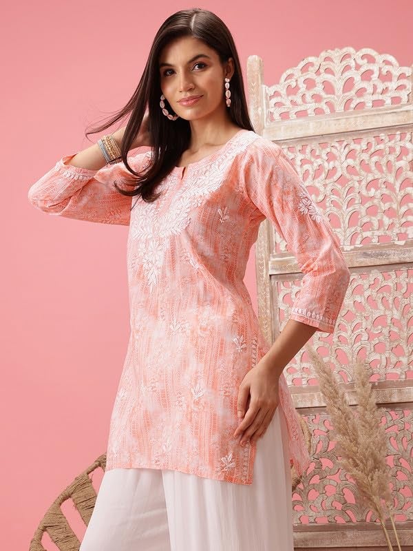 Ada Women Cotton Regular Fit Hand Embroidered Lucknowi Straight Chikankari Short Kurti Tunic Top A911411 Peach (2XL) - Image 4
