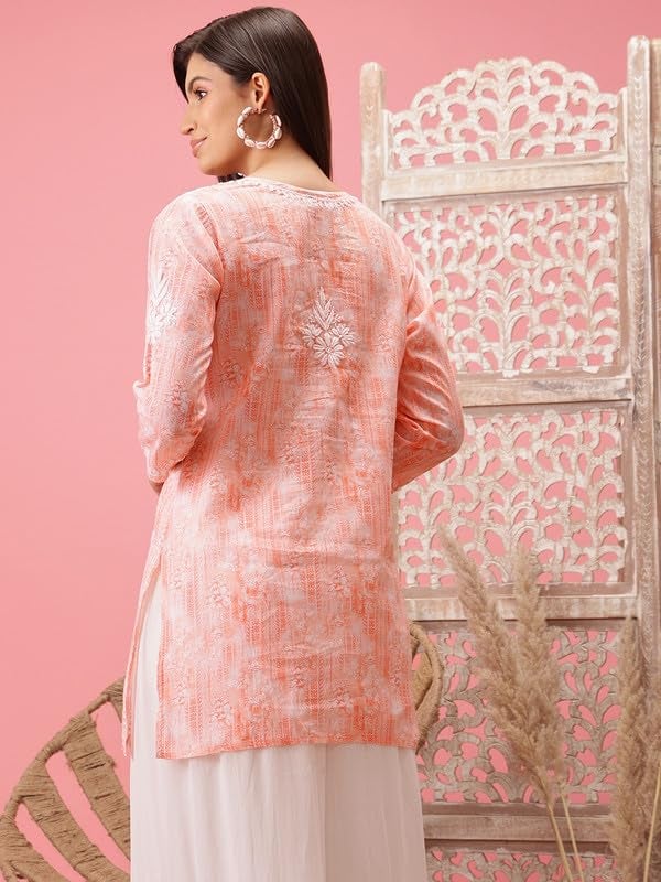 Ada Women Cotton Regular Fit Hand Embroidered Lucknowi Straight Chikankari Short Kurti Tunic Top A911411 Peach (2XL) - Image 2