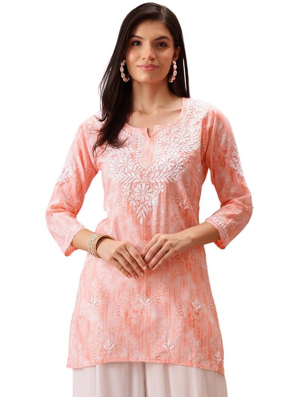 Ada Women Cotton Regular Fit Hand Embroidered Lucknowi Straight Chikankari Short Kurti Tunic Top A911411 Peach (2XL) - Image 1