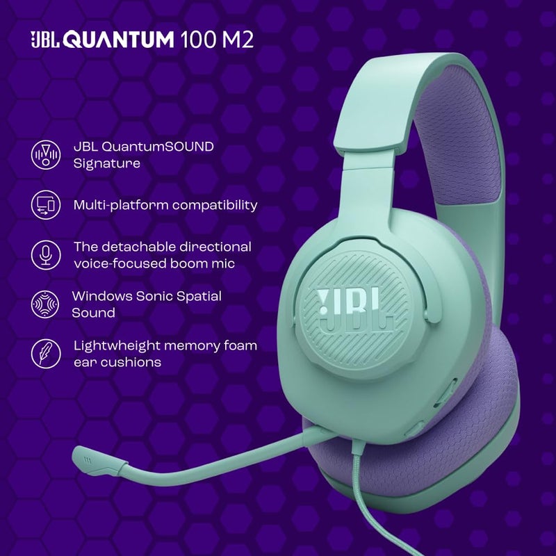 JBL Quantum 100M2 Wired Gaming Headphones, Supports Windows Sonic Spatial Audio, 40mm Realistic Dynamic Drivers, Omnidirectional Detachable Mic, Breathable Memory Foam Cushions, PC/Xbox/PS/3.5mm-Cyan - Image 2