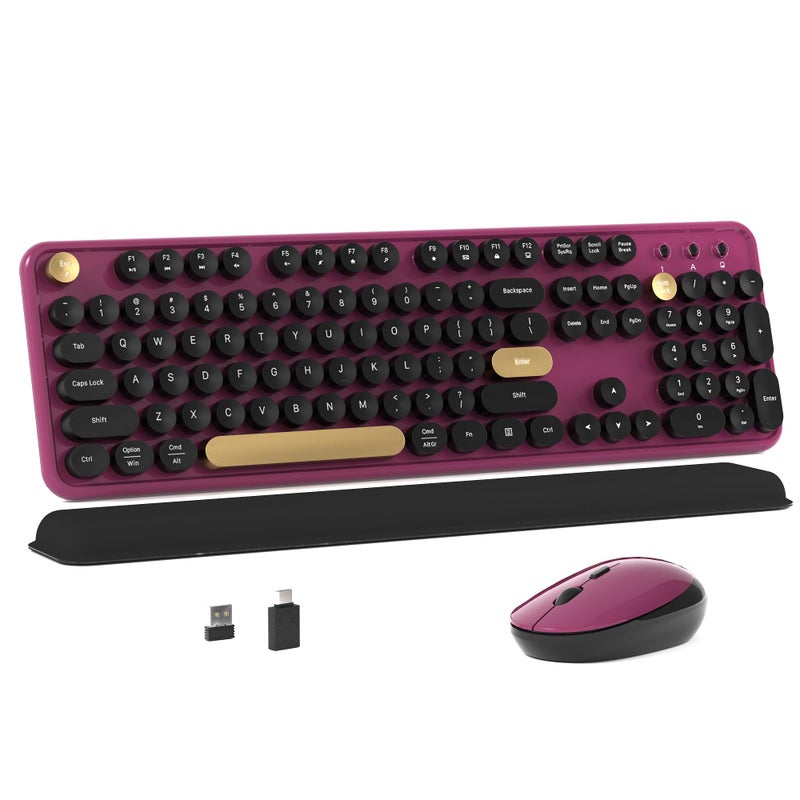 MPTOG Colorful Wireless Computer Keyboard and Mouse Combo with Round Typewriter Keycaps, Retro Design, Power Switch, Ergonomic Design, 2.4GHz Wireless for Windows, Mac, PCï¼ˆBlack-Claretï¼‰ - Image 1