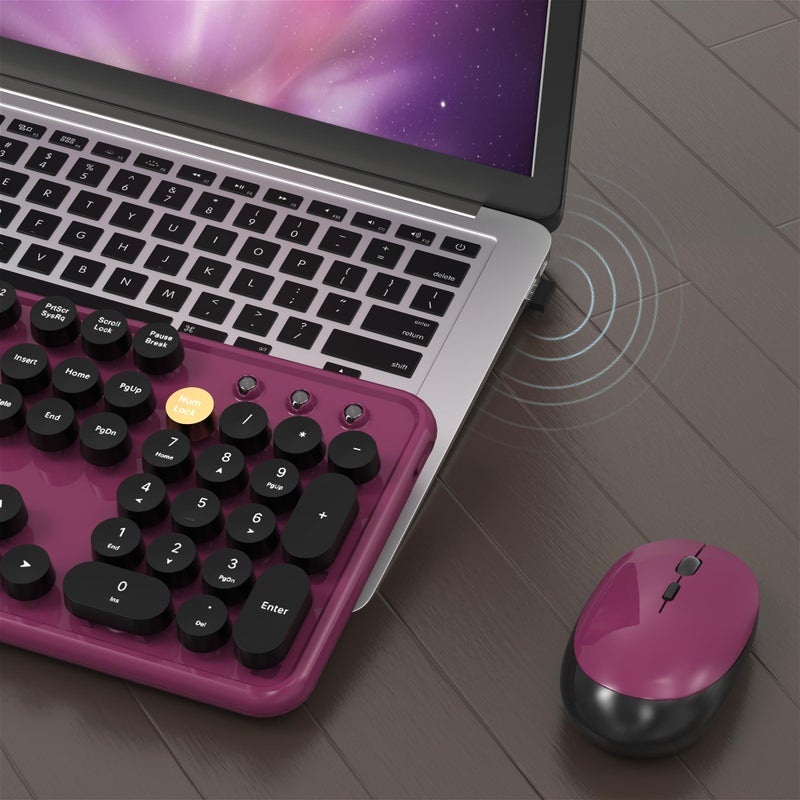 MPTOG Colorful Wireless Computer Keyboard and Mouse Combo with Round Typewriter Keycaps, Retro Design, Power Switch, Ergonomic Design, 2.4GHz Wireless for Windows, Mac, PCï¼ˆBlack-Claretï¼‰ - Image 4