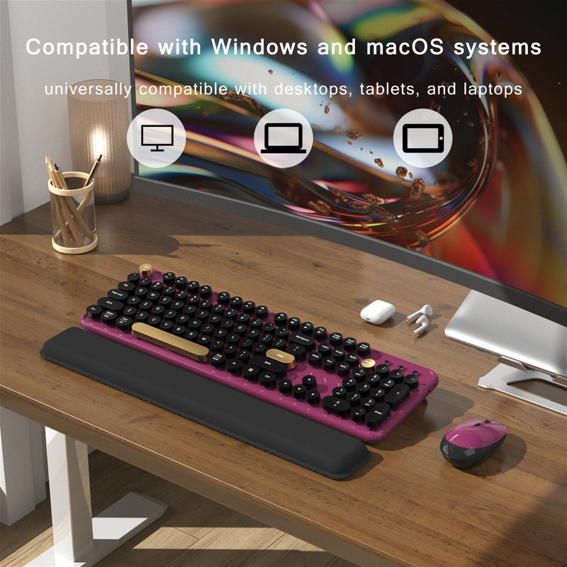 MPTOG Colorful Wireless Computer Keyboard and Mouse Combo with Round Typewriter Keycaps, Retro Design, Power Switch, Ergonomic Design, 2.4GHz Wireless for Windows, Mac, PCï¼ˆBlack-Claretï¼‰ - Image 3