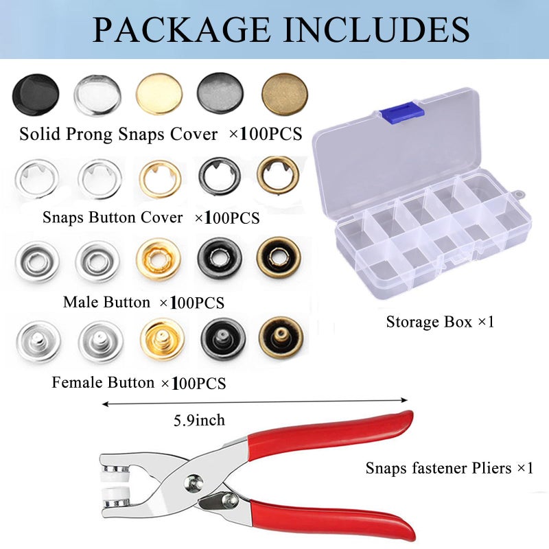 GTAAOY 100 Sets 9.5mm Metal Snaps Buttons with Fastener Pliers Press Tool Kit Perfect for Crafts Clothes Hats and Sewing, Snap Button Fasteners Kit for Clothing Sewing - Image 4