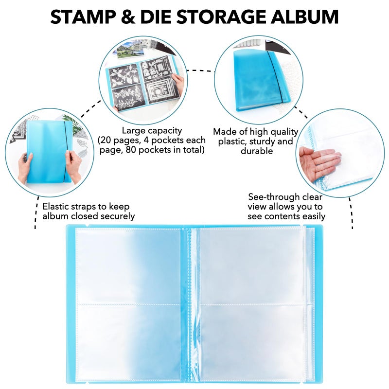 CYFUN DESIGN 20 Pages / 80 Pockets Stamps and Dies Storage Album Book Organizer Folder Plastic Large Sticker Photo Storage Bags for Cutting Dies Stencil Stamp Crafts DIY Scrapbooking 7x5.1inch/Pocket (Blue) - Image 5