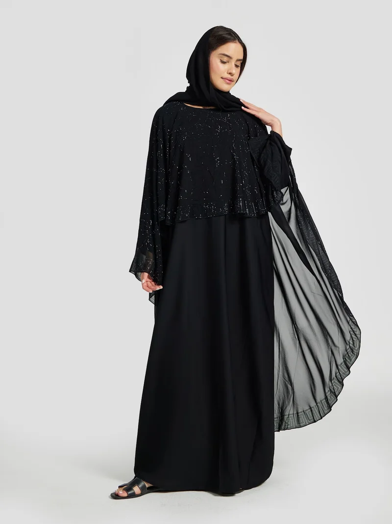 عباءات ريم Black Cape Style Abaya with Intricate Sequin Overlay
