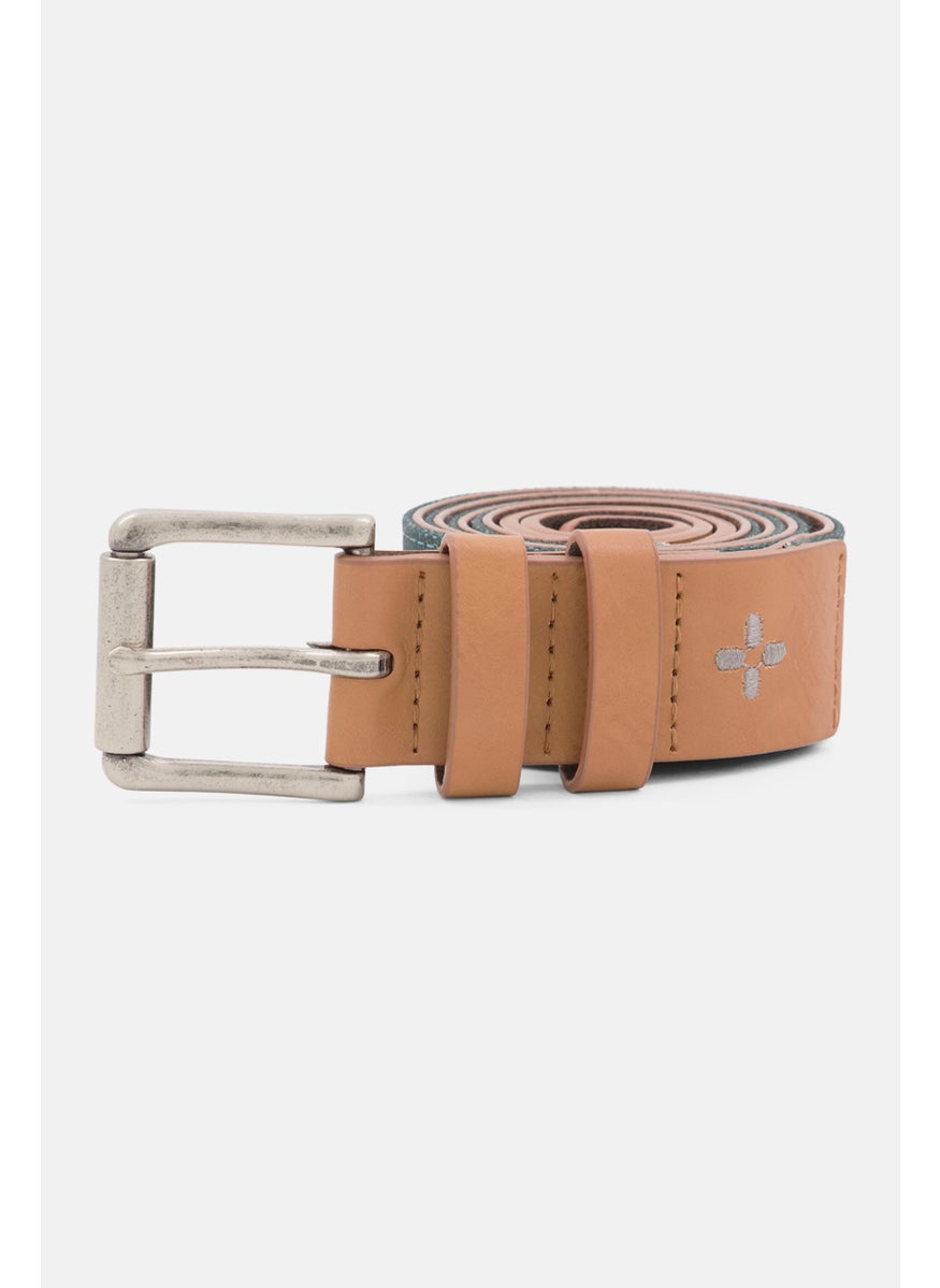 Sun Stone Men Embroidered Leather Buckle Belt, Tan/Green  - Image 1