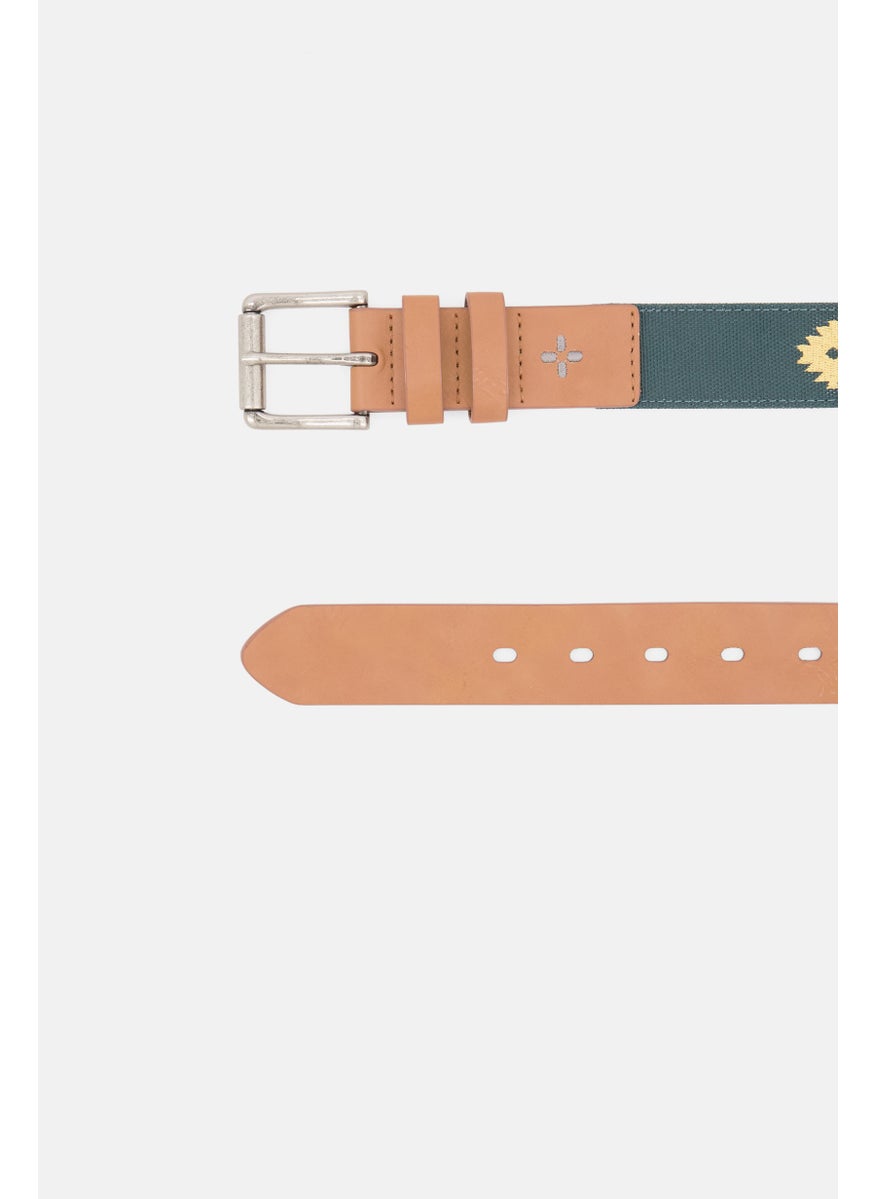 Sun Stone Men Embroidered Leather Buckle Belt, Tan/Green  - Image 2