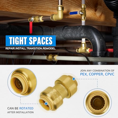 SUNGATOR Plumbing Fittings 1/2 Inch, Push Pex Fittings 1/2 Inch, 5 Each Coupling and 90 Degree Elbow, Tee(2 PCS), No Lead Brass Push to Connect Pex Pipe,Copper,CPVC, with 1 Disconnect Clip, Pack of 12 - Image 4