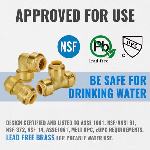 SUNGATOR Plumbing Fittings 1/2 Inch, Push Pex Fittings 1/2 Inch, 5 Each Coupling and 90 Degree Elbow, Tee(2 PCS), No Lead Brass Push to Connect Pex Pipe,Copper,CPVC, with 1 Disconnect Clip, Pack of 12 - Image 3