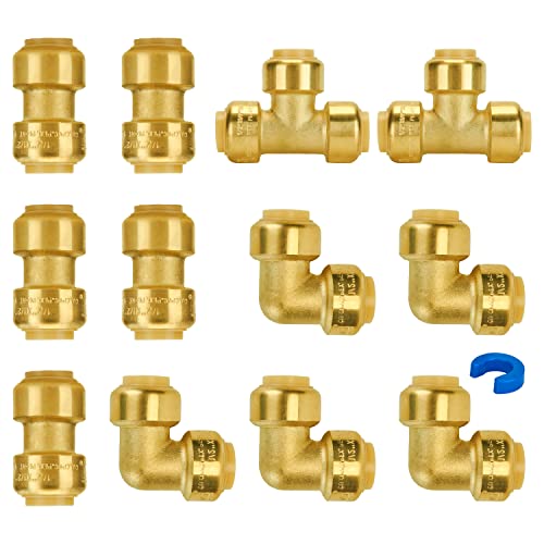 SUNGATOR Plumbing Fittings 1/2 Inch, Push Pex Fittings 1/2 Inch, 5 Each Coupling and 90 Degree Elbow, Tee(2 PCS), No Lead Brass Push to Connect Pex Pipe,Copper,CPVC, with 1 Disconnect Clip, Pack of 12 - Image 1