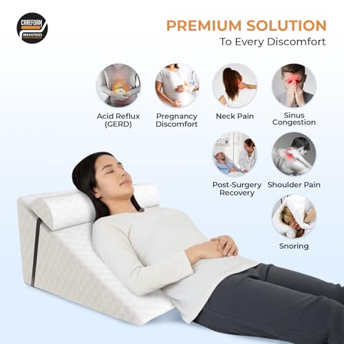 Carefoam Orthopedic Wedge Pillow with Headrest for Sleeping, Reading & Acid Reflux Relief | Premium Memory Foam Bed Cushion | Ideal for Back Support, Leg Elevation | 18 x 18 x 10 Inch | White Jacquard - Image 2