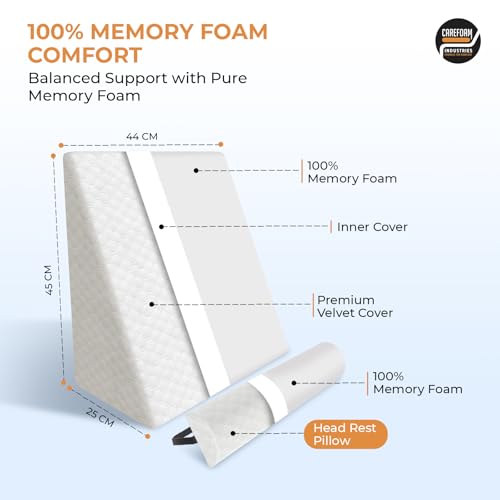 Carefoam Orthopedic Wedge Pillow with Headrest for Sleeping, Reading & Acid Reflux Relief | Premium Memory Foam Bed Cushion | Ideal for Back Support, Leg Elevation | 18 x 18 x 10 Inch | White Jacquard - Image 3
