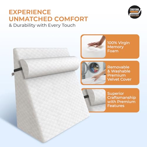 Carefoam Orthopedic Wedge Pillow with Headrest for Sleeping, Reading & Acid Reflux Relief | Premium Memory Foam Bed Cushion | Ideal for Back Support, Leg Elevation | 18 x 18 x 10 Inch | White Jacquard - Image 4