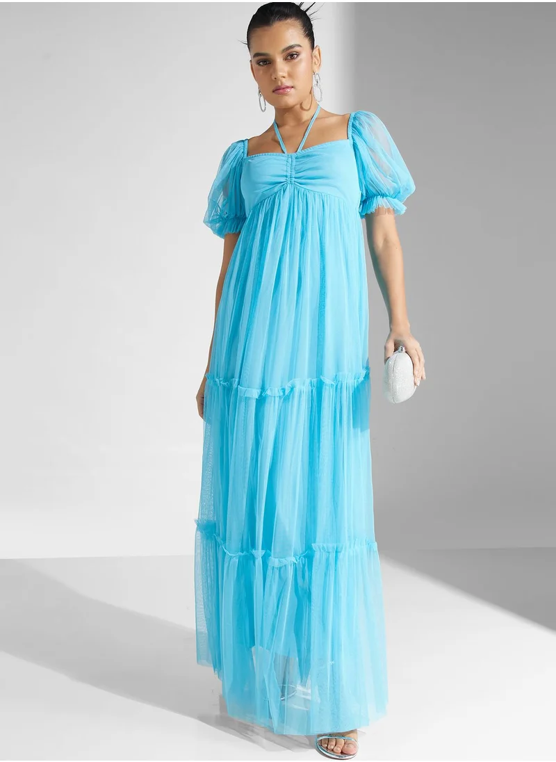 Lace and Beads Sweetheart Neck Tiered Mesh Dress