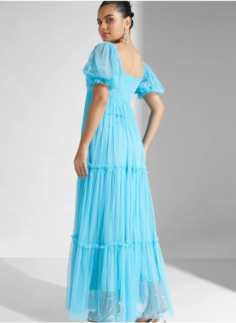 Lace and Beads Sweetheart Neck Tiered Mesh Dress