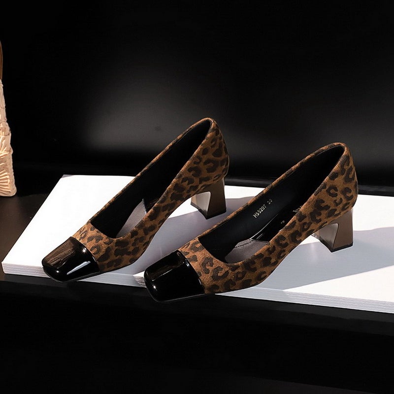 Women's Square-Toe Leopard Print Two-Tone Suede Mid-Heel Ankle Strap Shoes for Banquet, Chunky Heel, Slip-On, European and American Style