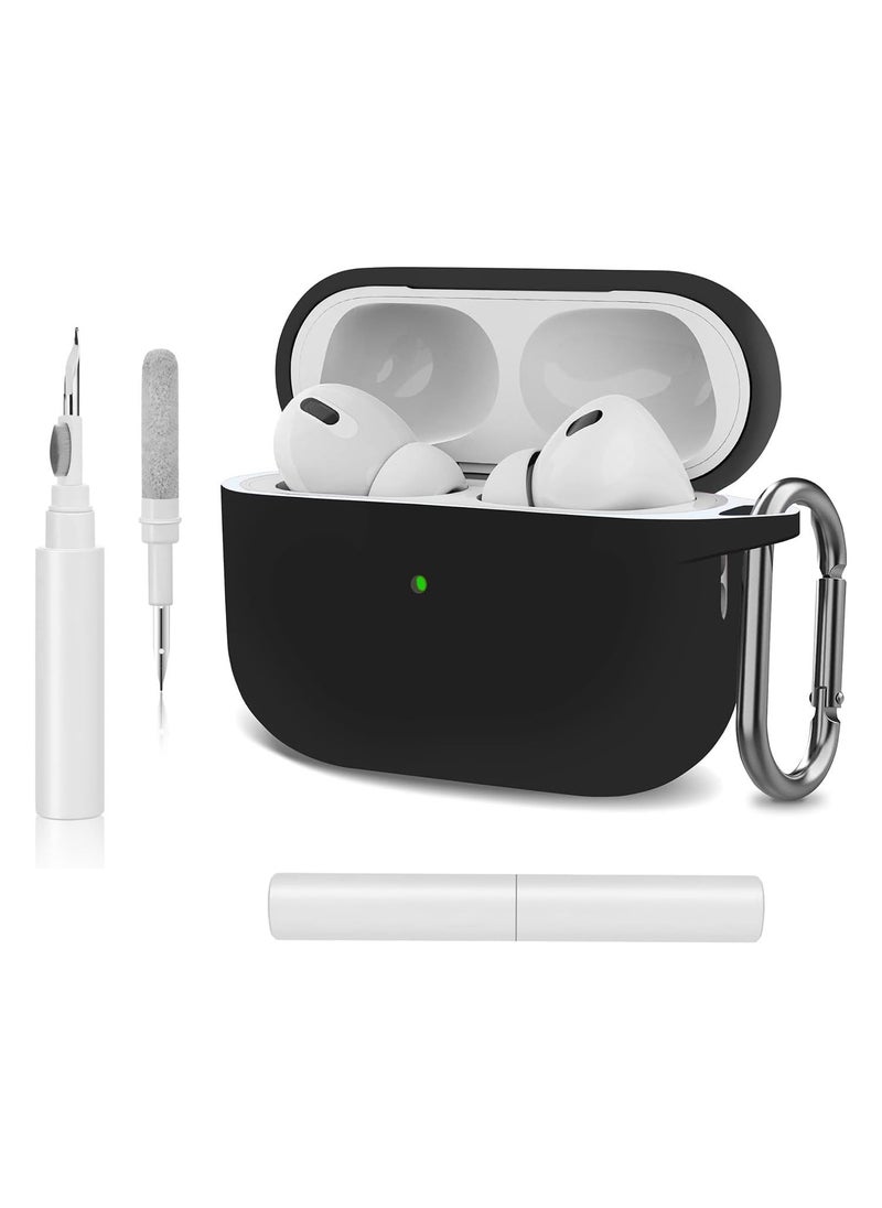 JAJEEK 🖤 Silicone Case Cover for AirPods Pro 2 – Shockproof, Protective Skin with Built-in Carabiner, Cleaning Kit Included – Full Coverage, Anti-Slip, Scratch-Resistant, Compatible with AirPods Pro 2 (Black) – Premium Protection for Everyday Use - Image 1