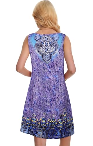 elescat Summer Dresses for Women Beach Boho Sleeveless Vintage Floral Flowy Pocket Tshirt Tank Sundresses(Purple Blue Boho, L) - Image 5