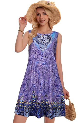 elescat Summer Dresses for Women Beach Boho Sleeveless Vintage Floral Flowy Pocket Tshirt Tank Sundresses(Purple Blue Boho, L) - Image 3