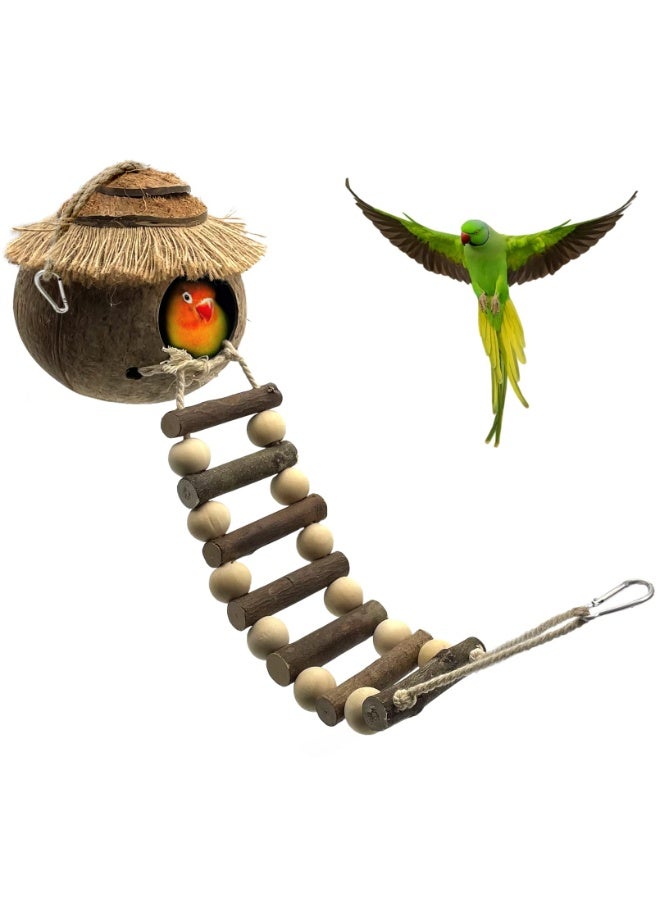 Relex Hanging Bird House with Ladder Natural Coconut Fiber Birds Nest Coco Shell Hideaway Lovebird Swing Toys Parrot Cage Accessories for Parakeet Finch Parrot Canary - Image 1
